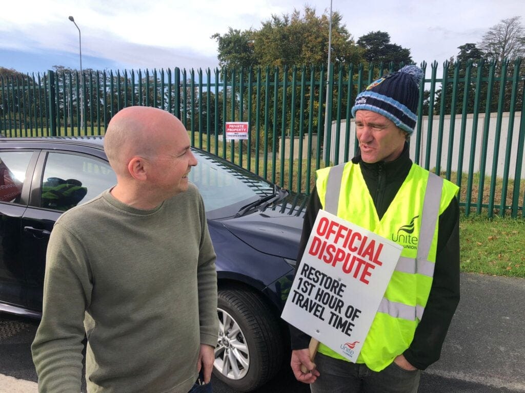 Paul Murphy TD speaking with a union rep on the picket line at Leixlip Intel 7 October 2024