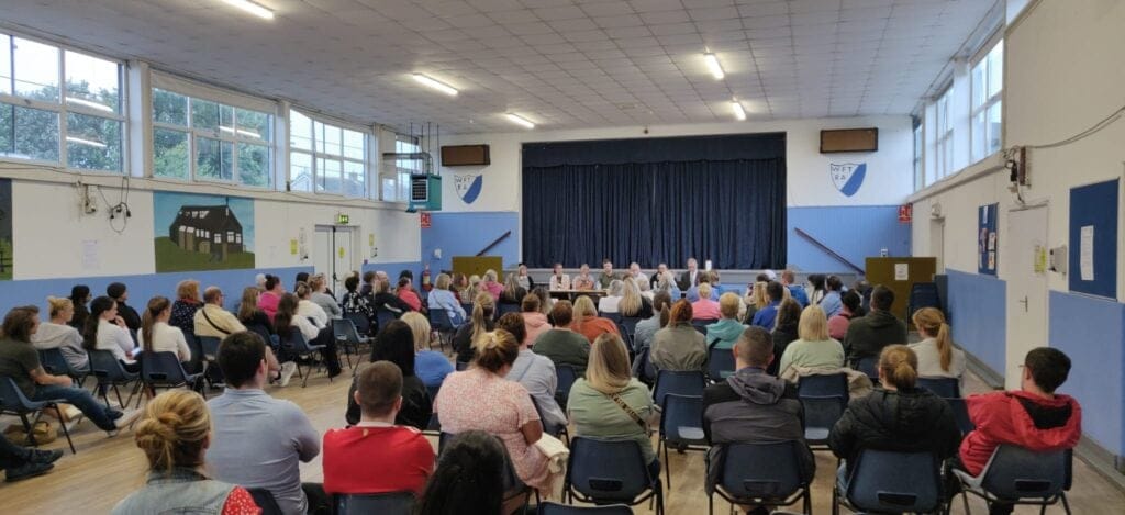 Large meeting of Equality in Education Dublin North-West chaired by Cllr Conor Reddy. Attending are affected parents and carers of children with disabilities who are in need of services from the state. Location Finglas. 