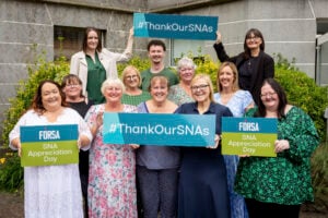 Photo of 12 Forsa Education Branch activists advertising the FIRST SNA APPRECIATION DAY 2024 Photography: Conor Healy / Picture It Photography