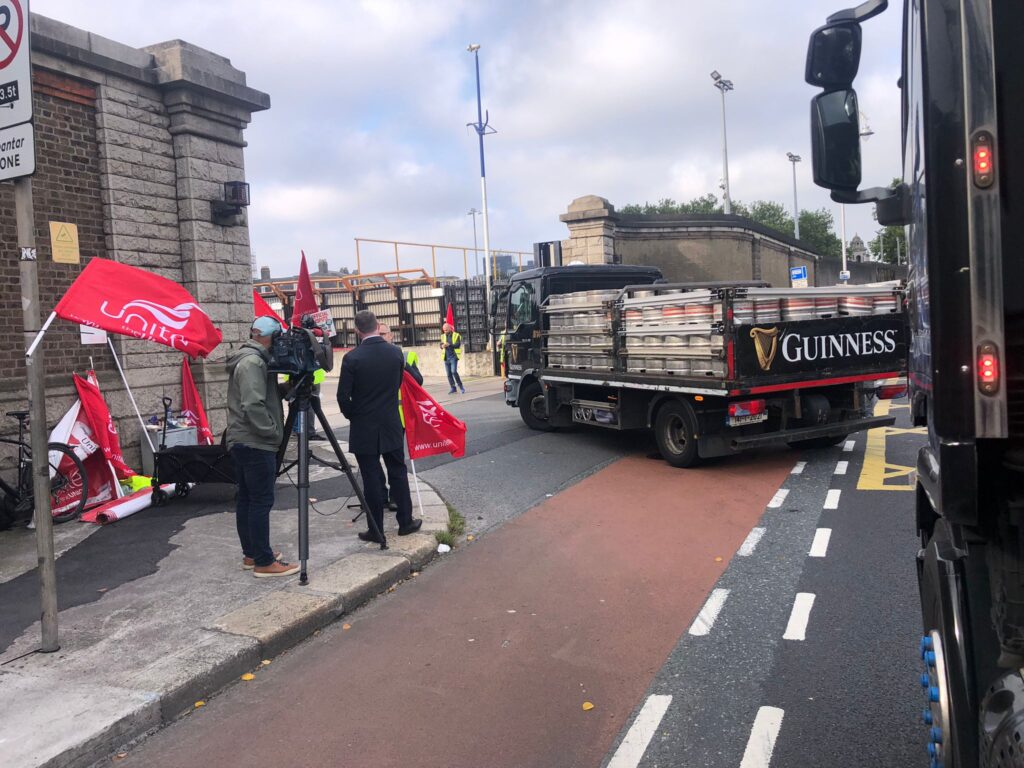 Deliveries held up at the Unite picket on the Victoria Quay entrance to Diageo's Guinness Plant in Dublin. Virgin Media news talking to Tom Fitzgerald of Unite.
 20 September 2024