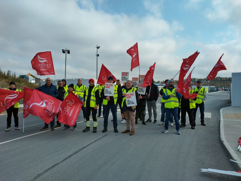 Workers with unite flags on the picket at Grange Castle Pfizer today 20 September 2024.