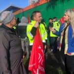 Bríd Smith TD and Cllr Hazel De Nortúin speak with Unite's James McCabe at the Unite picket National Children's Hospital