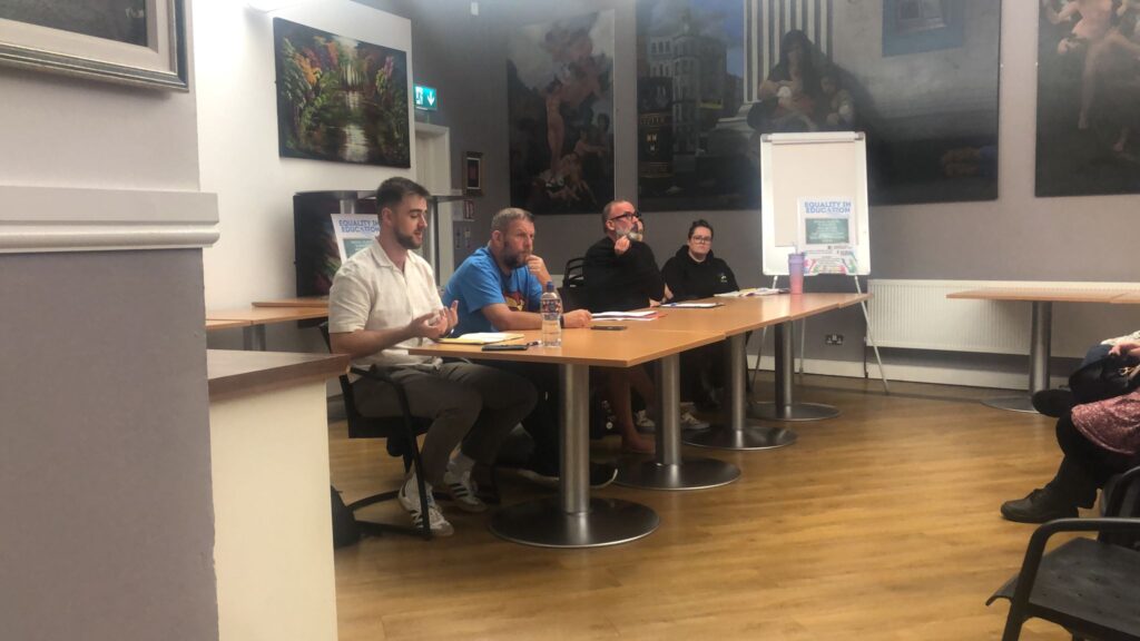 The panel at the founding meeting of Equality in Education Dublin Bay North chaired by Bernard Mulvany. With contributions from Conor Reddy Stephen Lewis Rachel Martin and more in Darndale at the Bell Building